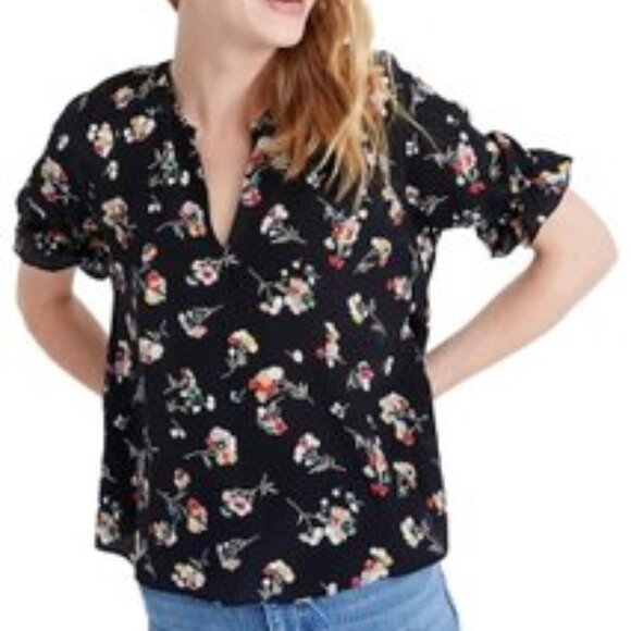 𝅺MADEWELL BNWOT Black Floral Vneck Ruffle Short Sleeve Top  Sz XSmall Silk - Picture 1 of 8